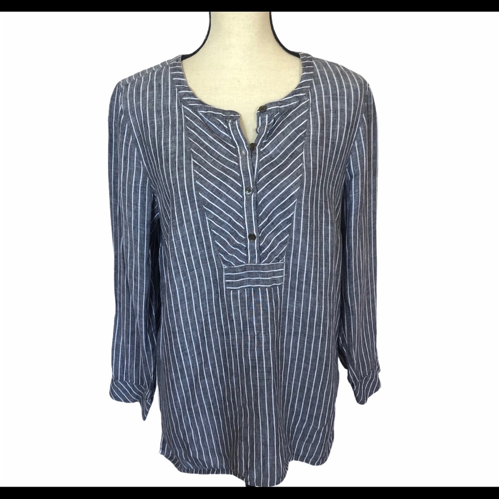 J.Jill  Linen Blue & White Pullover Top Size Med